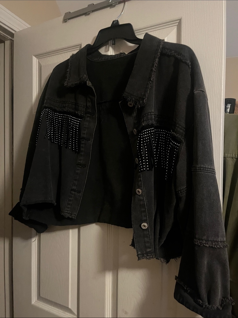 SHEIN Black Cropped Denim Jacket with Rhinestone Fringe - Picture 2 of 3